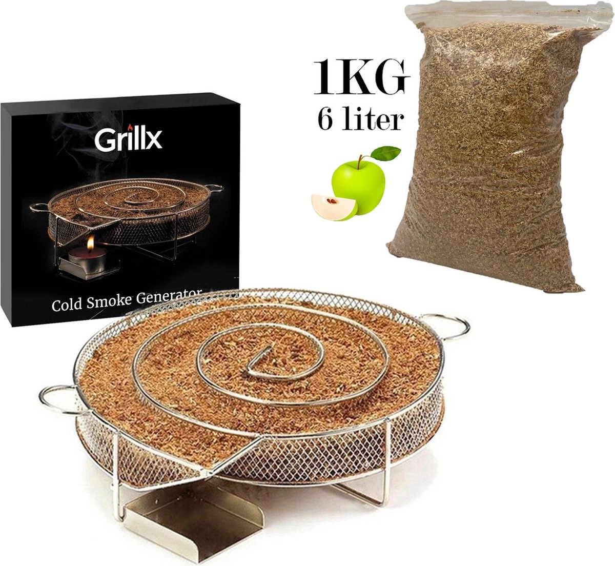 GrillX Cold Smoke Generator Met 1KG Appel Rookmot - 6 Liter - Smokerbox - RVS Rookbox - Rookgenerator - Koud Roken - BBQ Accesoires 3 GrillX Cold Smoke Generator Met 1KG Appel Rookmot - 6 Liter - Smokerbox - RVS Rookbox - Rookgenerator - Koud Roken - BBQ Accesoires