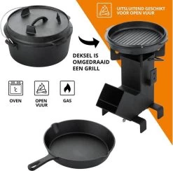 Dutch Mountains Gietijzeren Pannenset 7-delig - Dutch Oven – Braadpan - Grillpan - Hapjespan - Kookset In Houten Transportkist - Deksellifter - Brander -Thuiskeuken 1200x1185 4