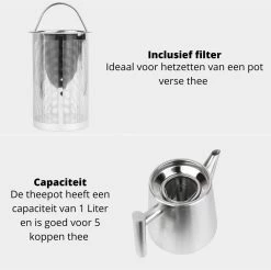 Castagnola Theepot Met Filter – Theekan – Theepot Dubbelwandig – Theepot Roestvrijstaal – Hoogwaardig RVS – 1 Liter – 5 Kopjes Thee – Zilver 13 Castagnola Theepot Met Filter – Theekan – Theepot Dubbelwandig – Theepot Roestvrijstaal – Hoogwaardig RVS – 1 Liter – 5 Kopjes Thee – Zilver -Thuiskeuken 1200x1195 8