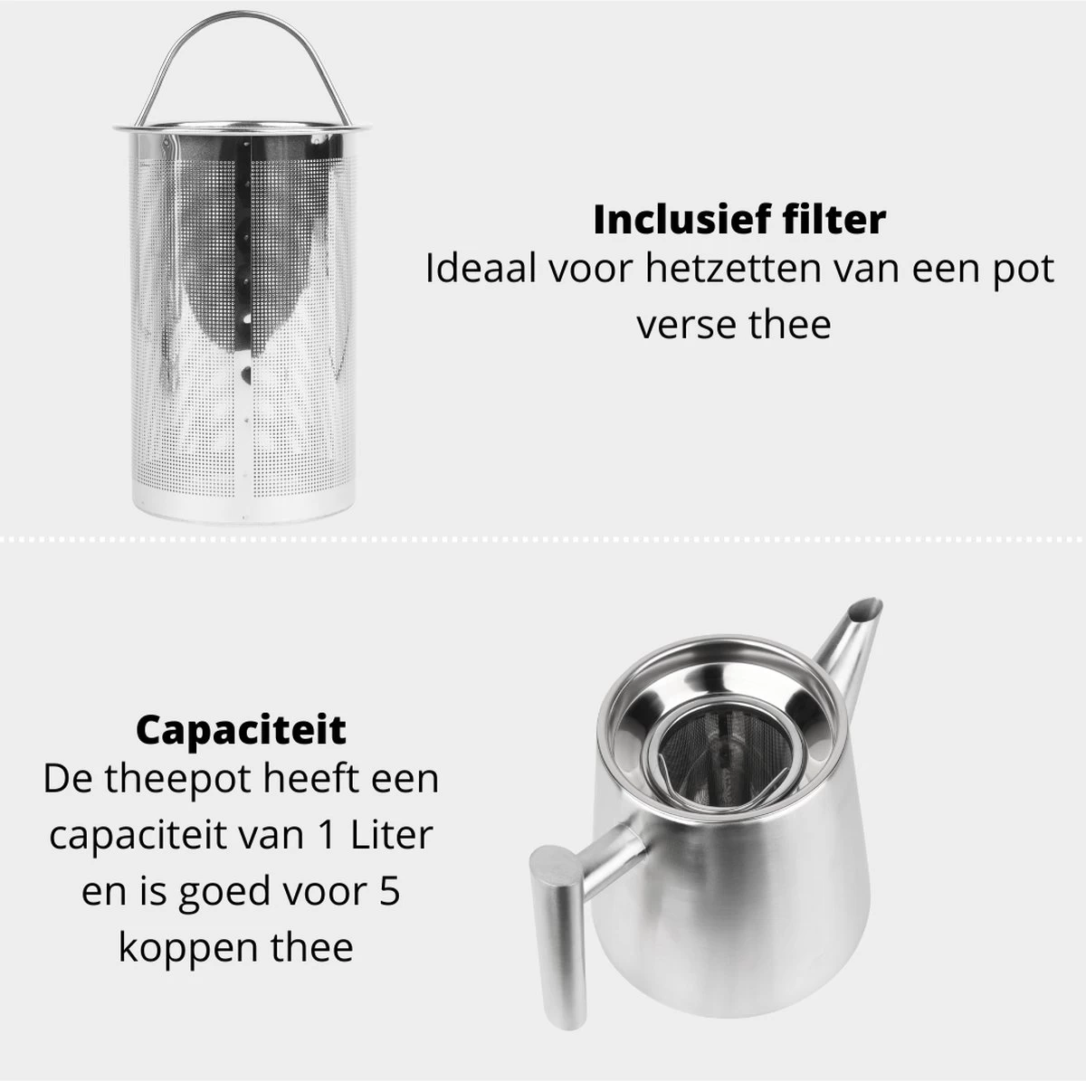 Castagnola Theepot Met Filter – Theekan – Theepot Dubbelwandig – Theepot Roestvrijstaal – Hoogwaardig RVS – 1 Liter – 5 Kopjes Thee – Zilver 8 Castagnola Theepot Met Filter – Theekan – Theepot Dubbelwandig – Theepot Roestvrijstaal – Hoogwaardig RVS – 1 Liter – 5 Kopjes Thee – Zilver - Afbeelding 6
