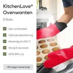 KitchenLove Ovenwanten - 2 Stuks Ovenhandschoenen - Hittebestendig Tot 250 °C - Siliconen - Rood -Thuiskeuken 1200x1200 1102