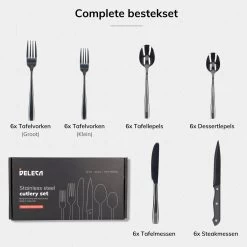 Deleca 6 Persoons Bestekset (36-delig) - Lepels, Messen, Vorken & Steakmessen - Vaatwasserbestendig - Zwart / RVS -Thuiskeuken 1200x1200 1205