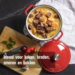 Daumonet Carême Rouge Gietijzeren Braadpan - Sudderpan Kersen Rood - Rond - Ø26 Cm - 4,4 Liter - PFAS & PFOA Vrij - Emaille - Geschikt Voor Alle Warmtebronnen - Elektrisch - Gas - Halogeen - Inductie - Keramisch - Vaatwasserbestendig -Thuiskeuken 1200x1200 380