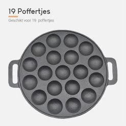 Ocina Poffertjespan – Combo Pack – 19 Poffertjes – Poffertjesmaker – Poffertjespan Inductie – Poffertjespan Electrisch – Gietijzeren Pan - Inclusief Doseerfles, Handvaten, 6x Poffertjesvorken En Invetkwast – Gratis Receptenboek -Thuiskeuken 1200x1200 469