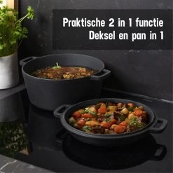 Daumonet Ducasse Gietijzeren Double Use Braadpan - Combi Sudderpan Zwart - 2-in-1 Bak- En Braadpan - PFAS & PFOA Vrij - Rond - Ø 26 Cm - 4,4 Liter - Emaille - Alle Warmtebronnen - Elektrisch - Gas - Halogeen - Inductie - Keramisch -Thuiskeuken 1200x1200 569