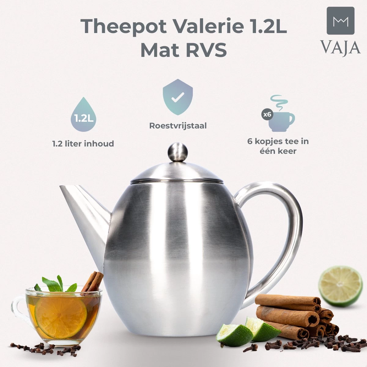 Vaja Valerie - Theepot Met Filter - Dubbelwandig - RVS - 1.2L 13 Vaja Valerie - Theepot Met Filter - Dubbelwandig - RVS - 1.2L - Afbeelding 11