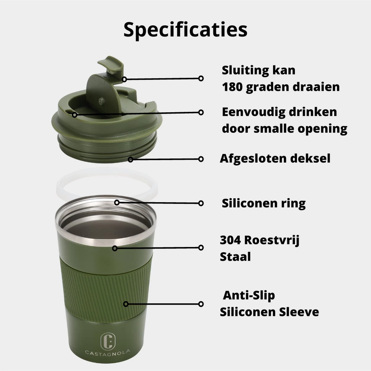 Castagnola Design RVS Koffiebeker To Go - Groen - 380ml - Thermosbeker - Theebeker 7 Castagnola Design RVS Koffiebeker To Go - Groen - 380ml - Thermosbeker - Theebeker - Afbeelding 5