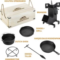 Dutch Mountains Gietijzeren Pannenset 7-delig - Dutch Oven – Braadpan - Grillpan - Hapjespan - Kookset In Houten Transportkist - Deksellifter - Brander -Thuiskeuken 1200x1200 879
