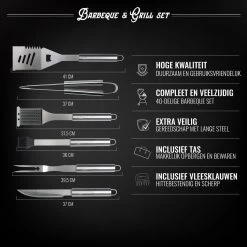 Mountain Jack® 40-Delige Luxe BBQ Grill Accessoires Set In Roestvrij Staal – Barbecue Gereedschap – Tangenset, Vlees Thermometer, Vleestang, Borstel, Spiezen, Vleesmes, Vleesvork -Thuiskeuken 1200x1200 896